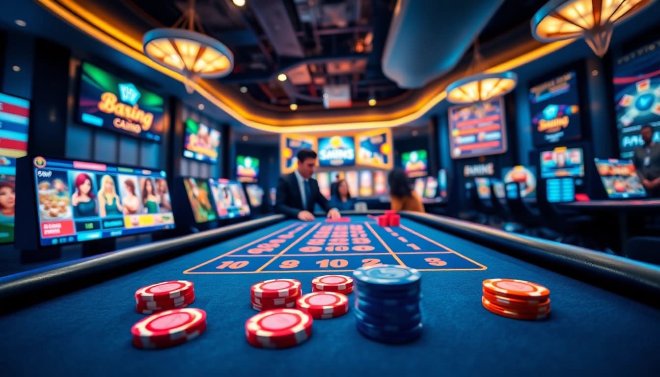 Spiele casino spielen online an einem modernen Tisch mit farbenfrohen Chips und engagierten Spielern.