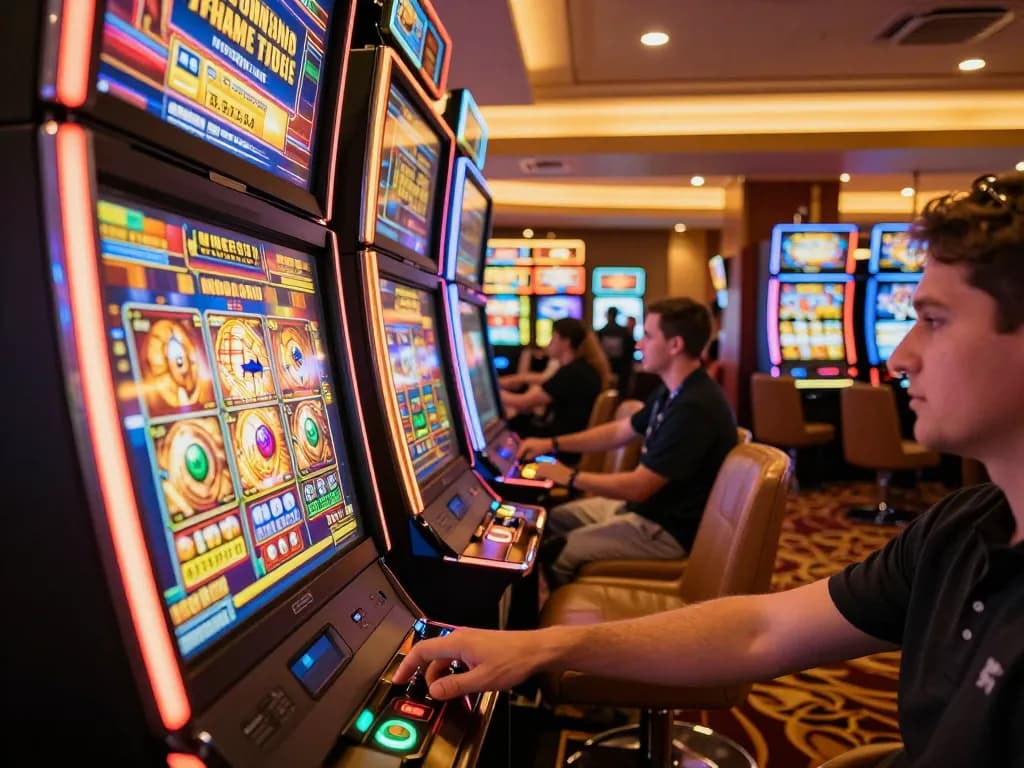 Spin the reels at tonysitaliancuisine's vibrant slot machine area with excited players around.