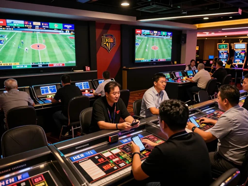 HB88 bettors engaging in live sports betting, showcasing excitement and modern facilities