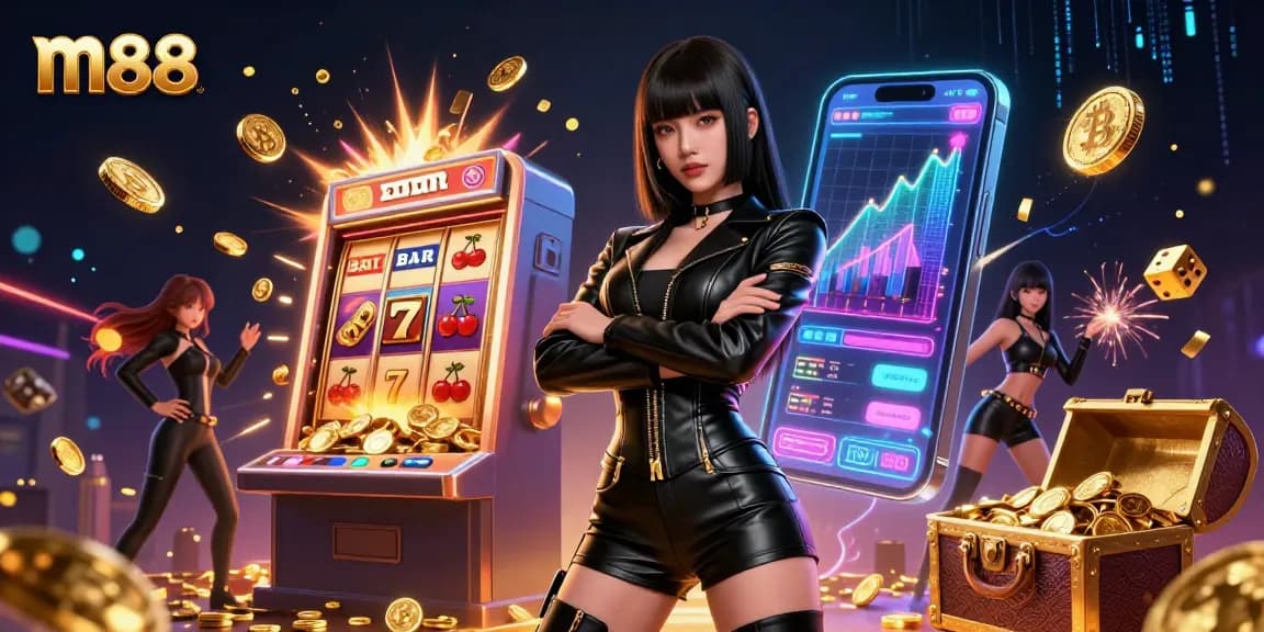 Rasakan pengalaman bermain yang mendebarkan dengan suasana kasino m88 yang imersif, menampilkan slot yang berwarna-warni, koin, dan elemen futuristik.