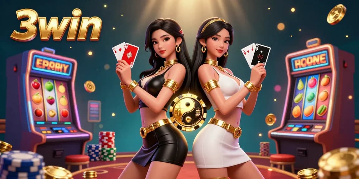 Win big with 3win in a vibrant, casino-themed digital illustration showcasing stunning twin players.