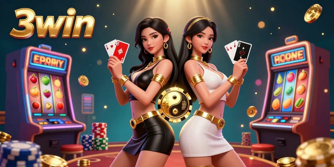 Win big with 3win in a vibrant, casino-themed digital illustration showcasing stunning twin players.