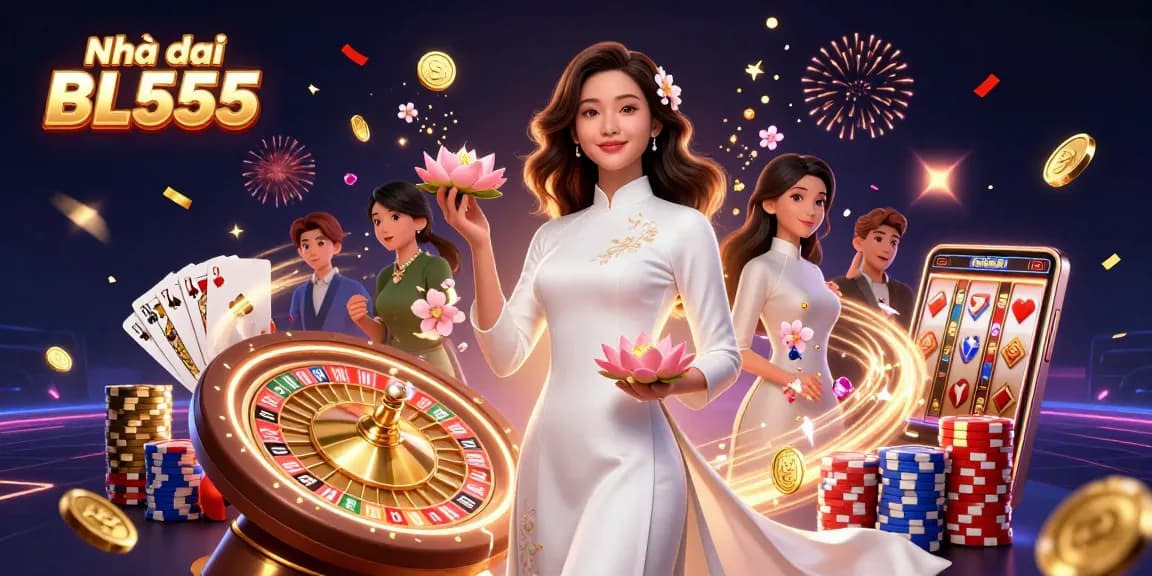 Engage with Nhà cái BL555, a dynamic scene featuring an elegant woman in Vietnamese ao dai amidst vibrant casino elements, celebrating gambling.