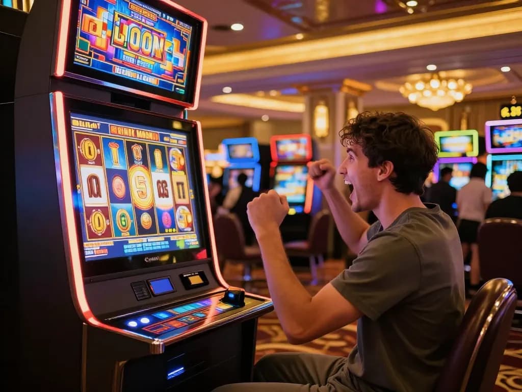 Player celebrating a win at a link slot machine in a bustling casino atmosphere.