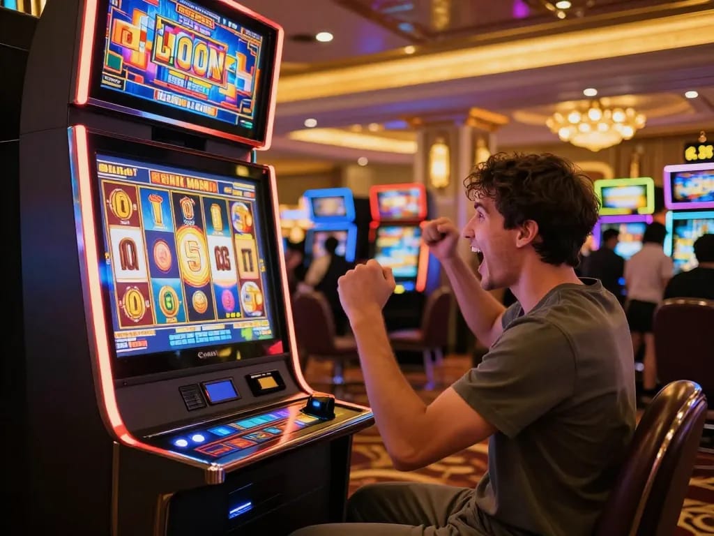 Player celebrating a win at a link slot machine in a bustling casino atmosphere.