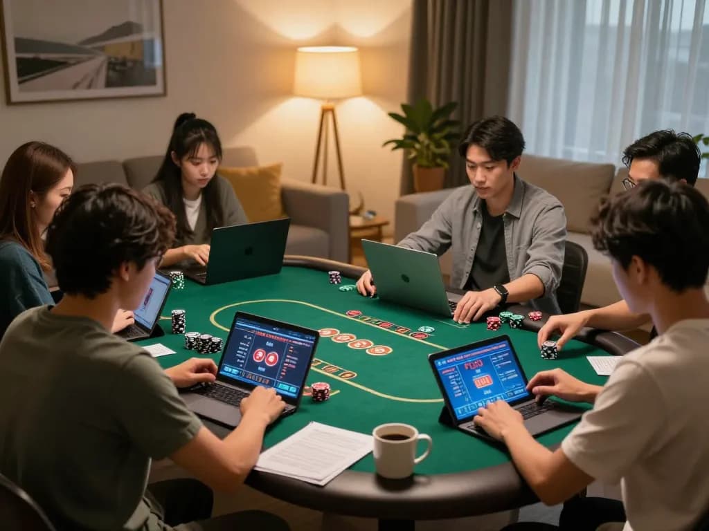 Players enjoy vin88 online casino games in a cozy setting, showcasing strategic poker action.