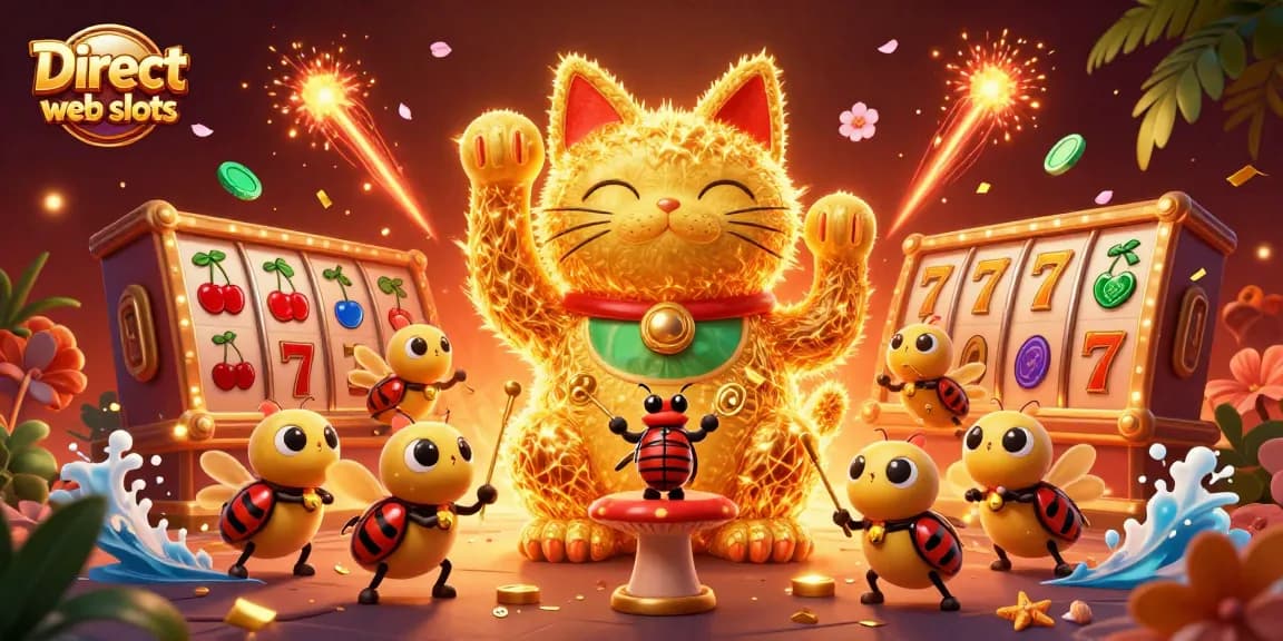 Play exhilarating Direct web slots with a vibrant scene showcasing a lucky cat and engaging casino symbols.