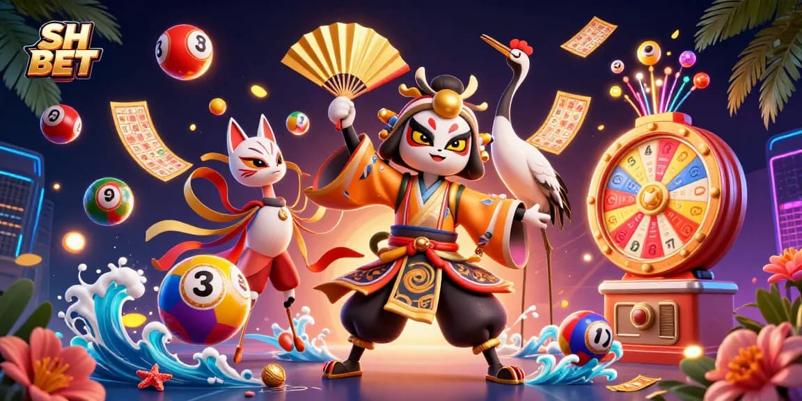 Experience the excitement of SH BET with colorful lottery elements and vibrant characters in a dynamic casino scene.