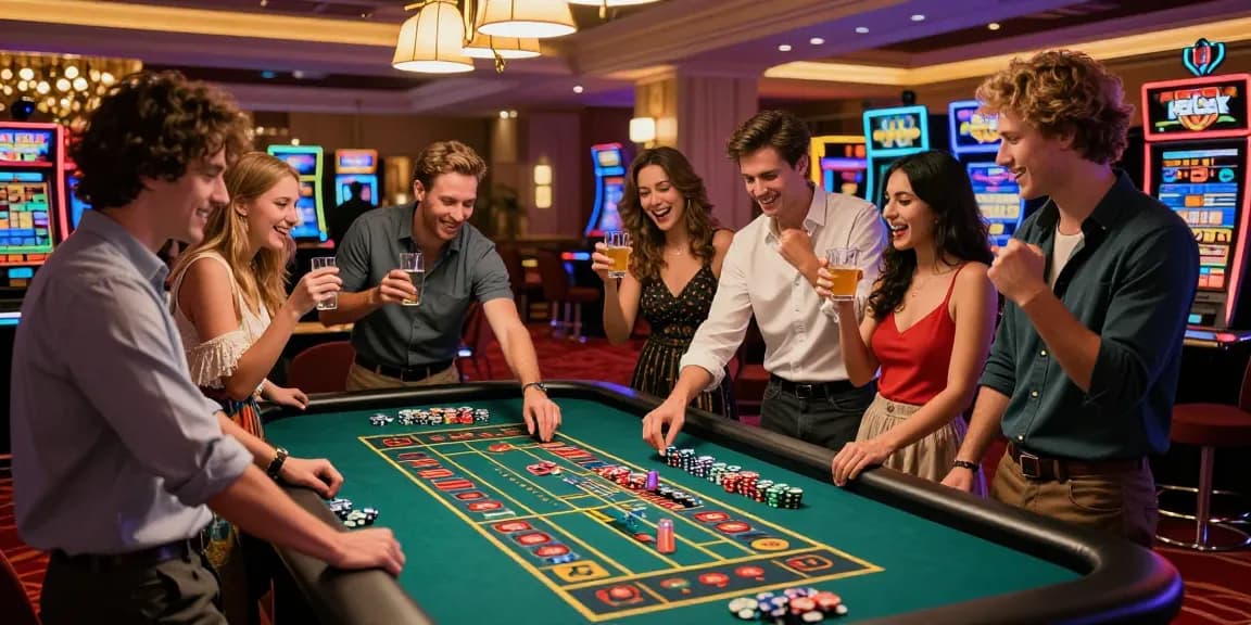 Friends celebrating excitement at AA88 BET roulette table in a lively casino atmosphere