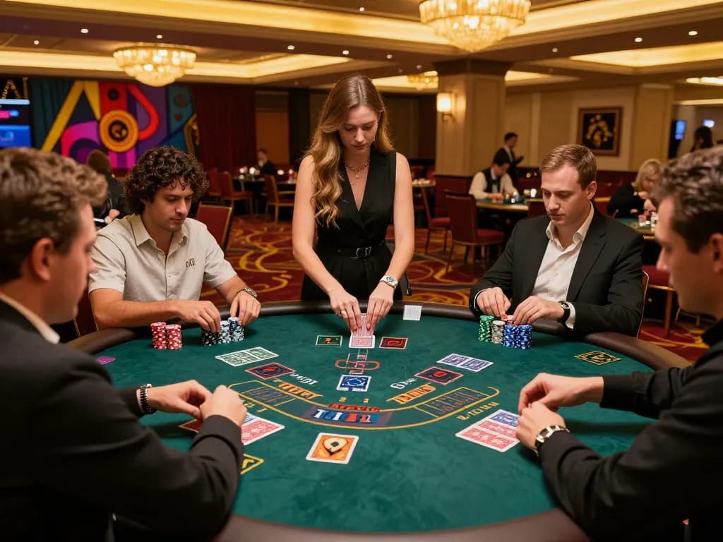 Engaging gameplay at kp88 blackjack table with professional dealer and focused players in vibrant casino atmosphere.