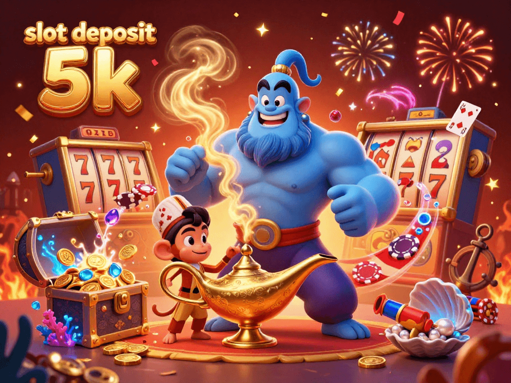 Spin to win with slot deposit 5k as the genie grants riches in this vibrant casino scene.