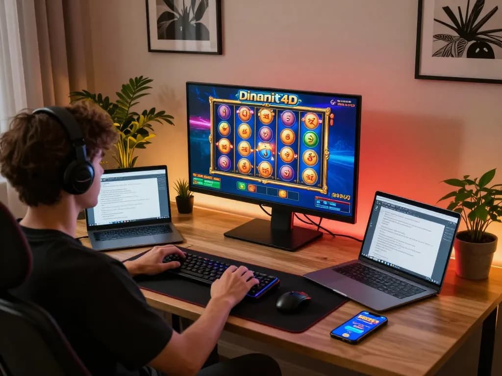 Engaging in dinamit4d online slot games on a modern home desk setup.