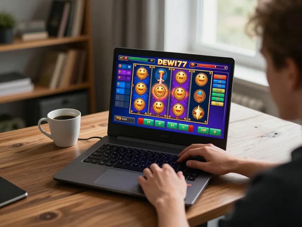 Pemain yang terlibat dengan permainan kasino online DEWI77 di laptop bergaya di rumah, menampilkan pengalaman bermain yang mendalam