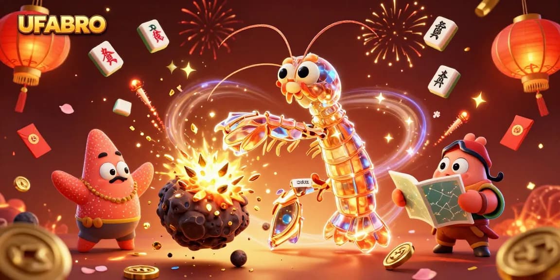 UFABRO displays a vibrant illustration of a samurai mantis shrimp and starfish amidst dynamic casino elements.