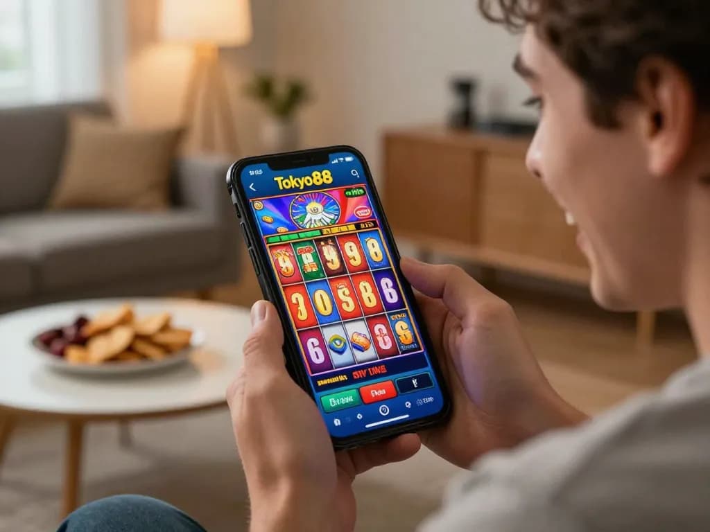 Pemain berinteraksi dengan aplikasi tokyo88 di smartphone, menampilkan aksi permainan slot yang penuh warna.