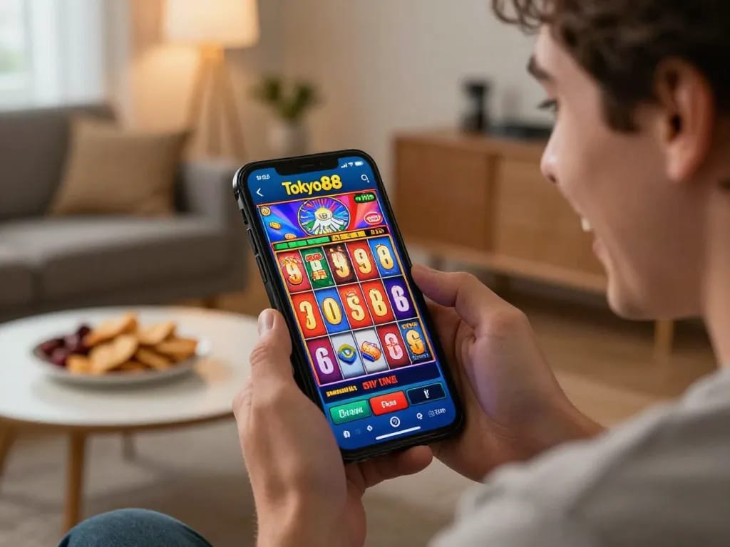 Pemain berinteraksi dengan aplikasi tokyo88 di smartphone, menampilkan aksi permainan slot yang penuh warna.