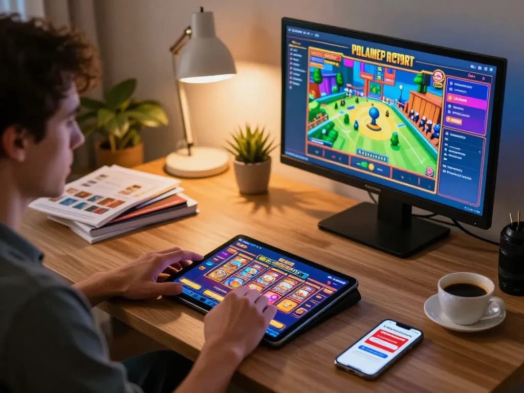 Pemain menikmati permainan slot di tablet sambil menjelajahi opsi kasino link hargatoto di lingkungan rumah yang nyaman