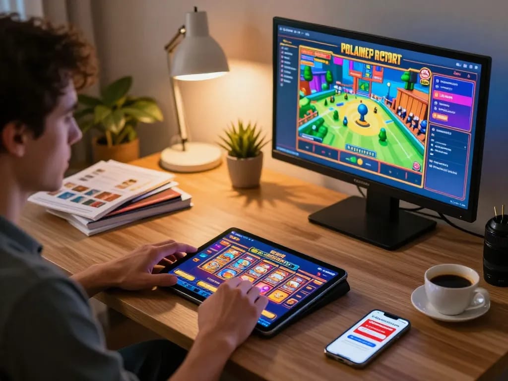 Pemain menikmati permainan slot di tablet sambil menjelajahi opsi kasino link hargatoto di lingkungan rumah yang nyaman