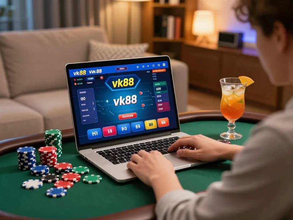 Engaging in vk88 poker gameplay online, surrounded by chips and cozy ambiance.