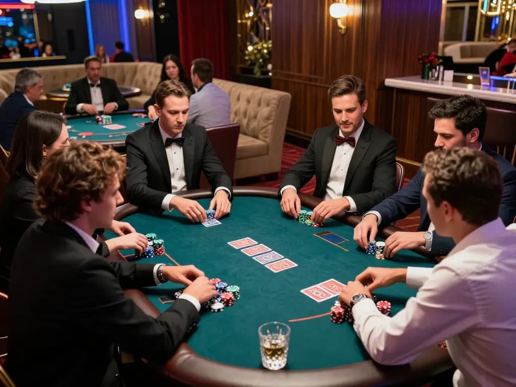 B52CLUB poker players strategizing in an upscale casino VIP area under vibrant lights