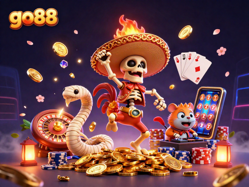 Engage in exhilarating gaming adventures at go88 with a festive mariachi rooster and casino elements.