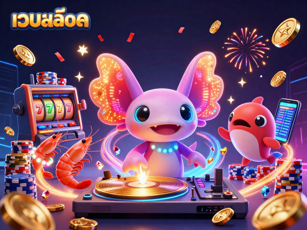 Experience exciting เว็บสล็อต gameplay with a dynamic scene featuring a lively axolotl DJ and vibrant casino elements.