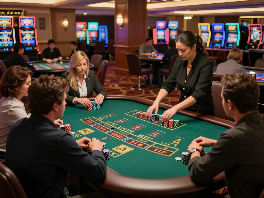 Players engaging in Tài Xỉu MD5 game at a vibrant casino table, lively atmosphere.
