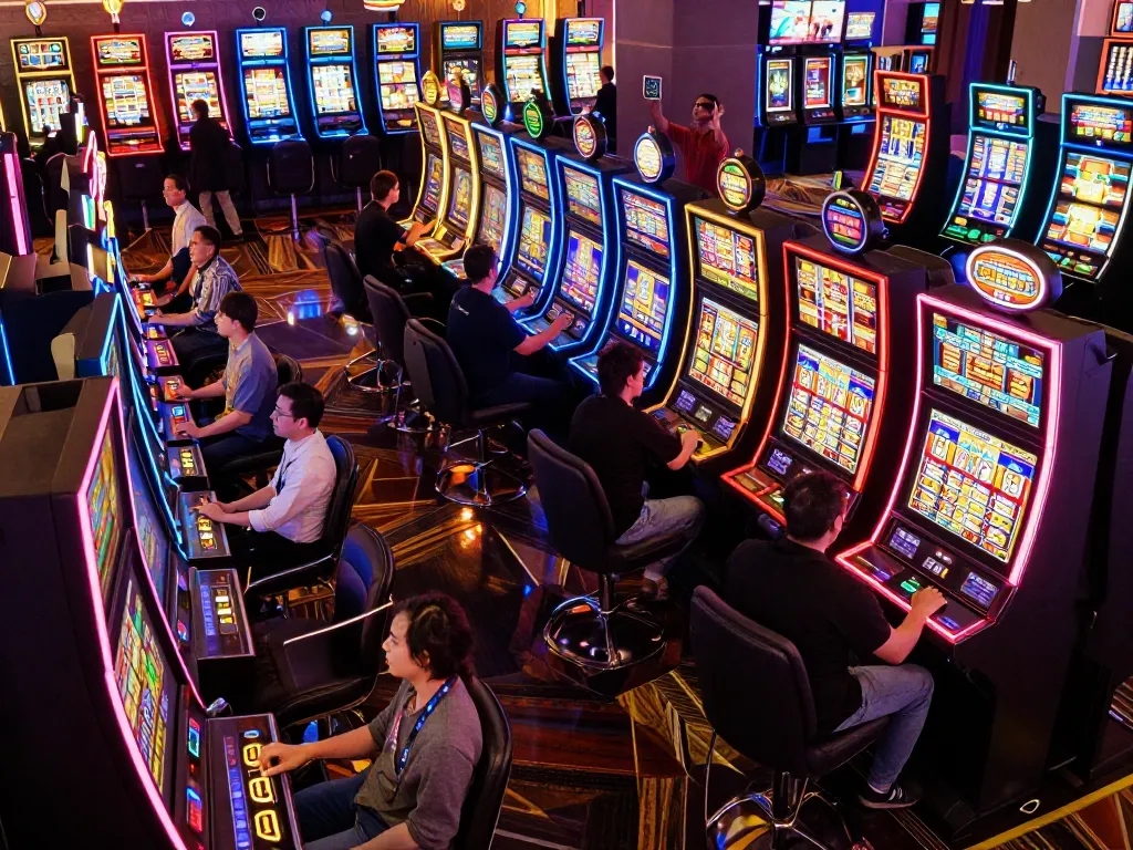 Players enjoying lively slot machines surrounded by vibrant lights at the casino