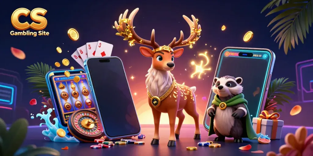 A vibrant CS Gambling Site illustration showcasing a Celtic druid stag and wise badger amidst slot games and casino elements.
