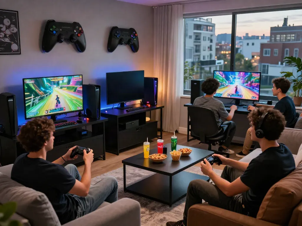 Friends enjoying an A80 gaming session in a vibrant indoor setting with high-tech gear.