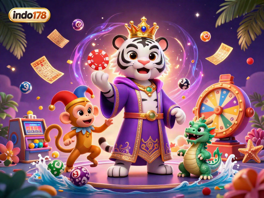Spin and win at indo178, a dynamic 3D scene with a white tiger, a jester monkey, and gambling elements.