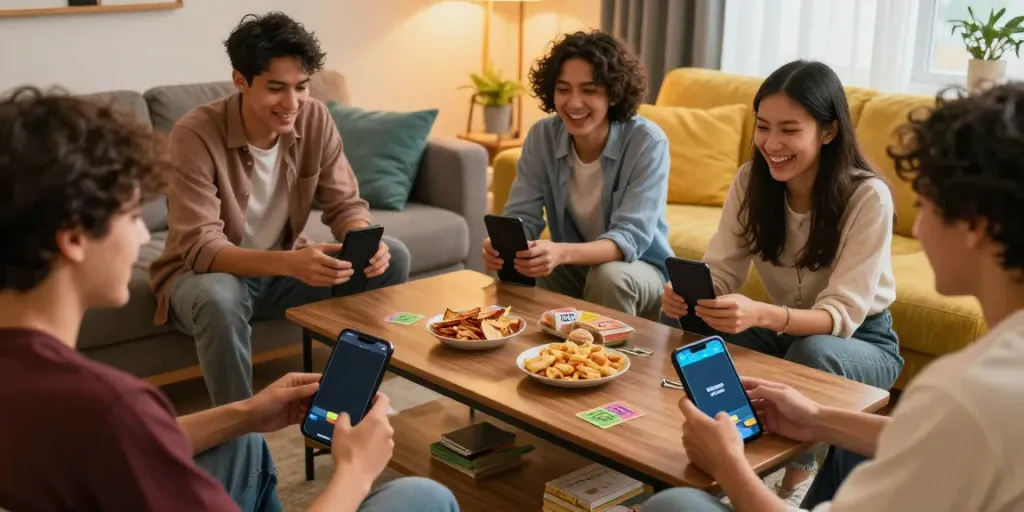 Players enjoying the Rumble Rummy app on smartphones in a cozy living room.