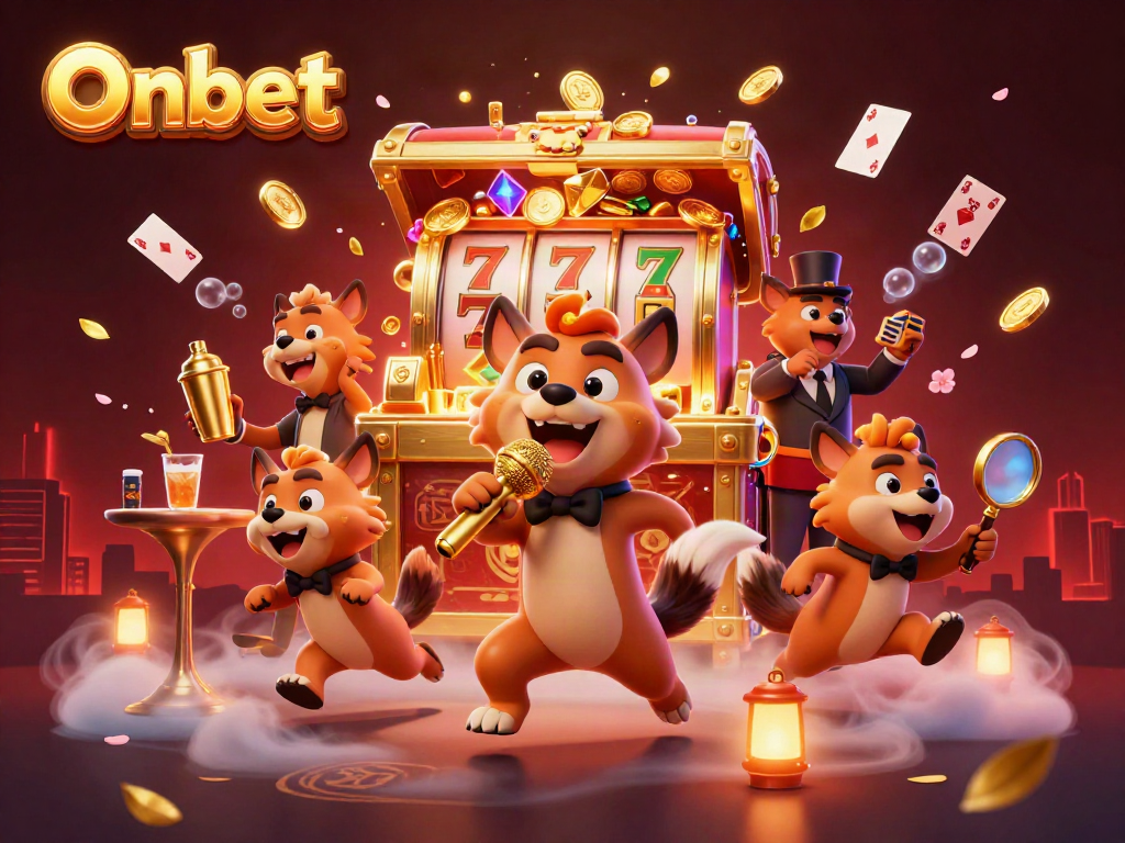 Onbet hyenas create a fun and vibrant casino scene with gaming elements and a lively atmosphere.