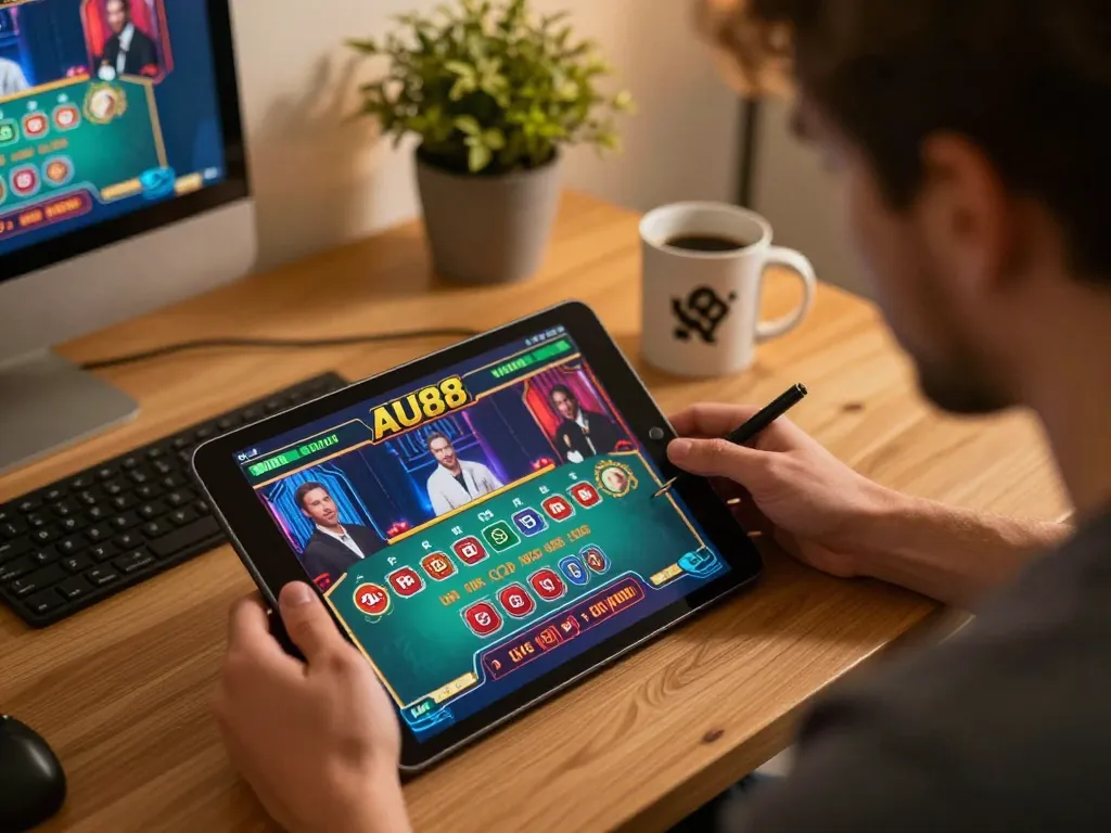 Player enjoying live dealer games on AU88 app in a cozy home setting, showcasing strategic gameplay
