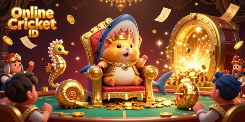 Place bets with your Online Cricket ID in a vibrant and engaging betting environment featuring royal characters amidst treasures.