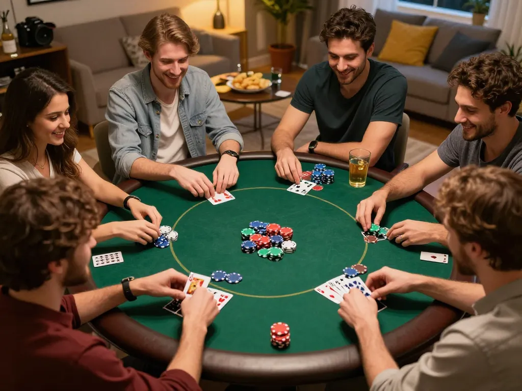 Friends enjoying poker night at home, playing non gamstop games with colorful chips and cards.