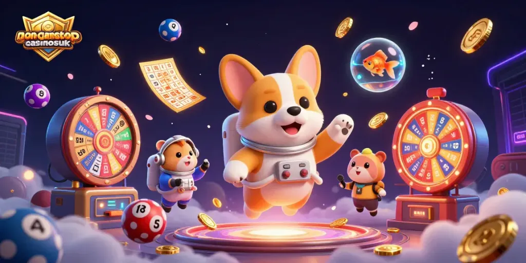 Experience thrilling play at non-gamstop-casinosuk featuring an astronaut corgi in a vibrant casino