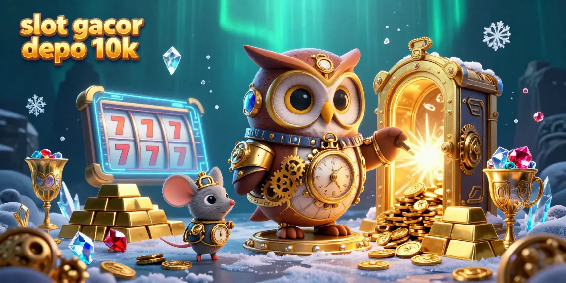 Rasakan keseruan slot gacor depo 10k dengan ilustrasi burung hantu petualang di kasino, dikelilingi harta berkilau.