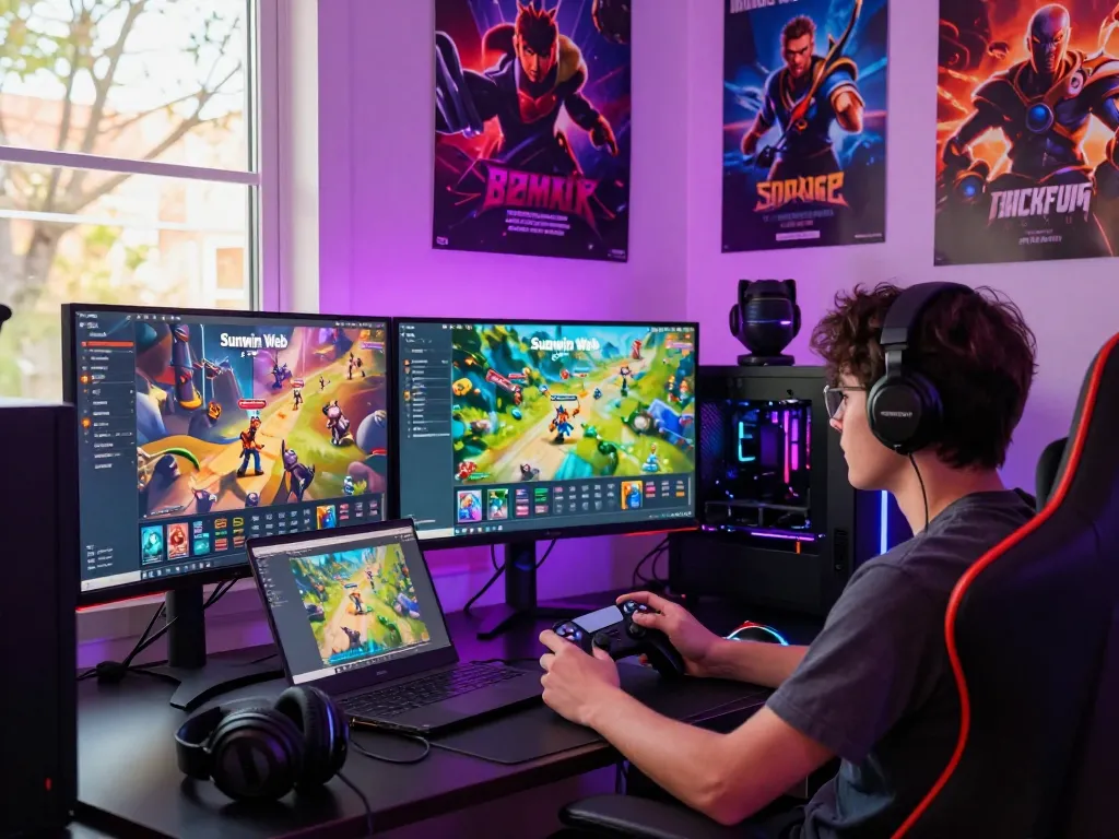 Engaged user exploring sunwin web gaming interface in a vibrant gaming setup.