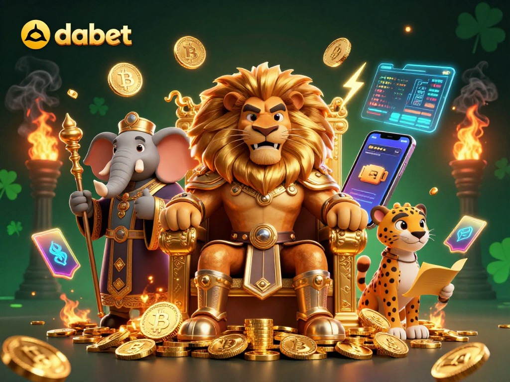 Experience thrilling wins at dabet with a vibrant 3D casino scene featuring animated characters and crypto elements.