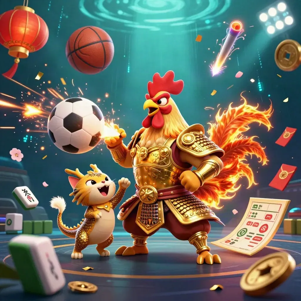 Rooster warrior, dragon hatchling, and fortune cat amid a flying soccer ball and casino sparks