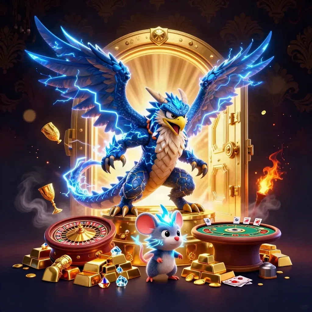 Dragon, hawk and thunder-mouse burst from a gold vault amid casino treasure and lightning.