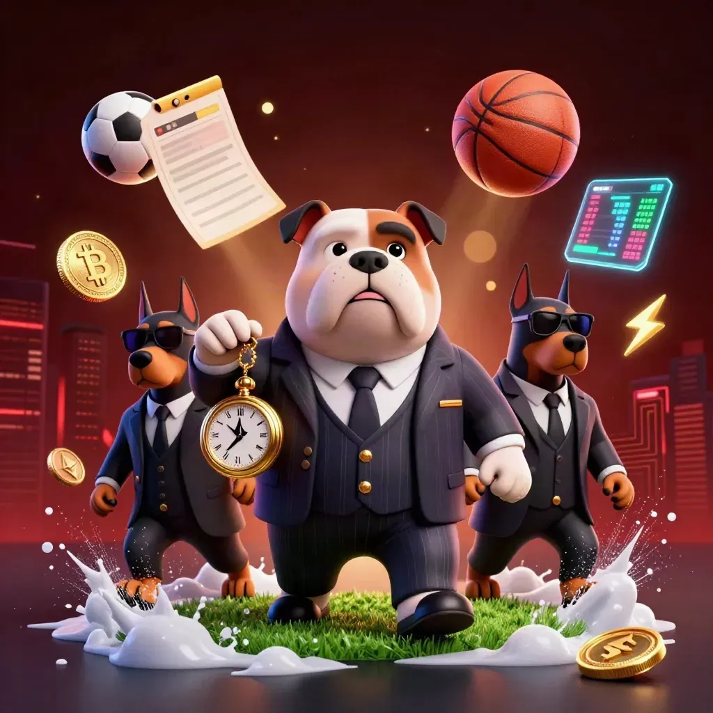 Bulldog mob boss with Dobermans amid flying balls, coins, lightning and casino glam.