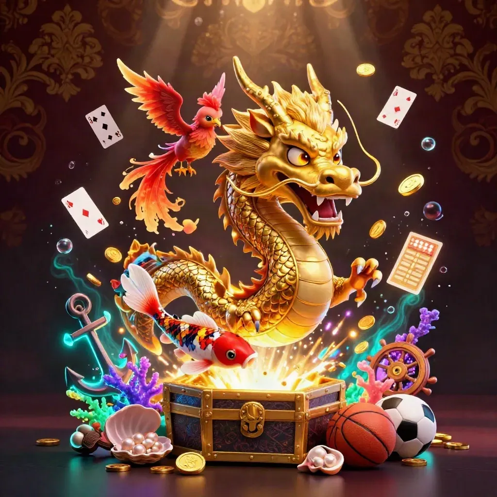 Golden dragon, phoenix, koi and casino props in a luxe underwater treasure cove with neon glow.