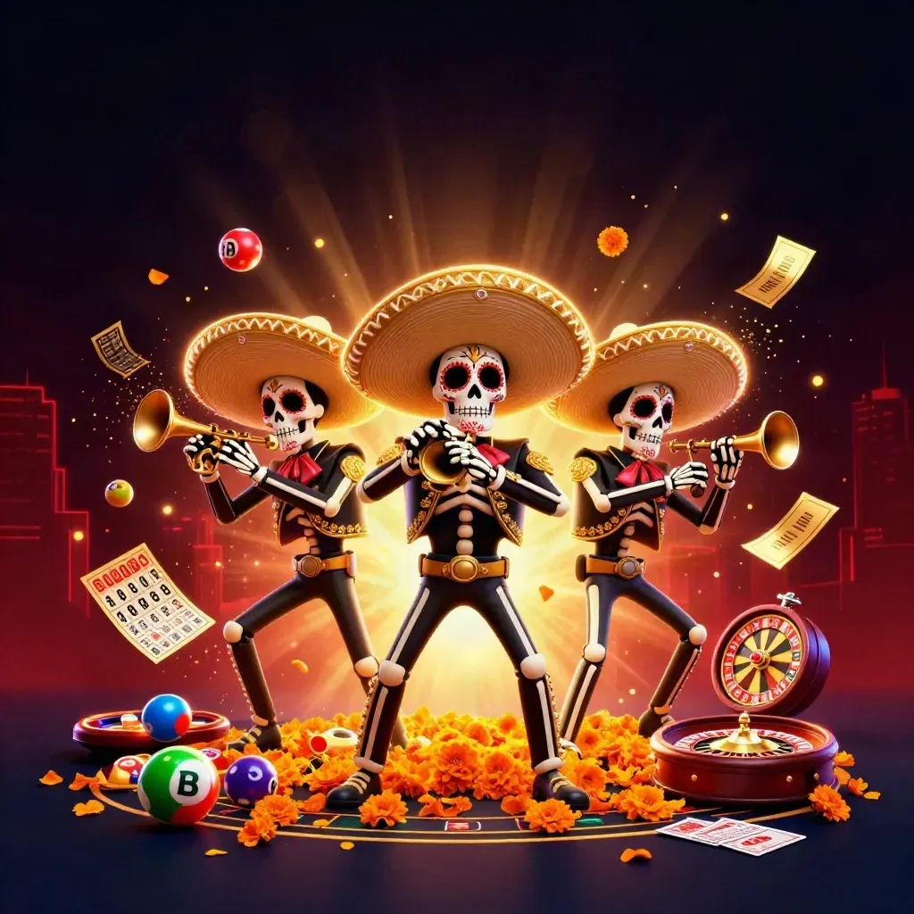 Skeleton mariachi trio amid casino bursts, gold light, roulette wheel, and neon skyline.
