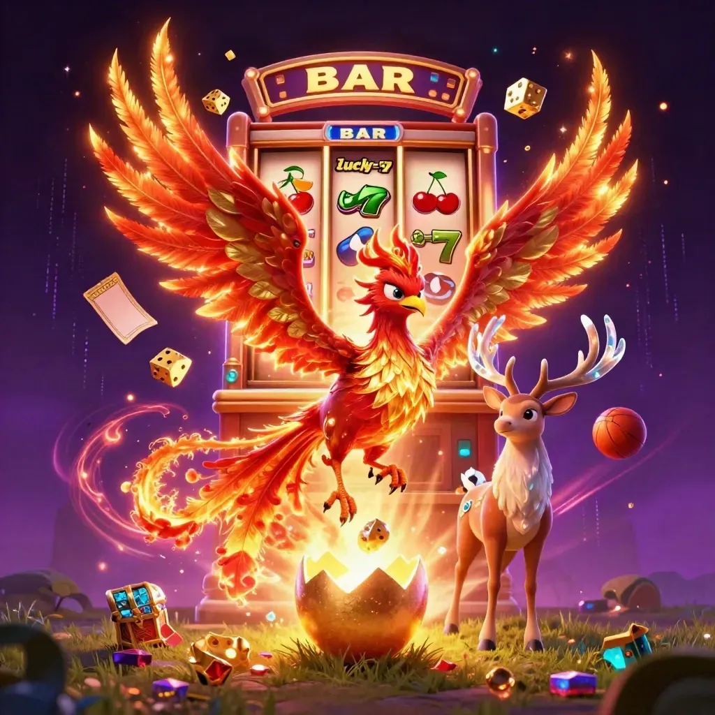 Phoenixes and a stag amid exploding casino symbols, gold rays, and a dark purple starfield.