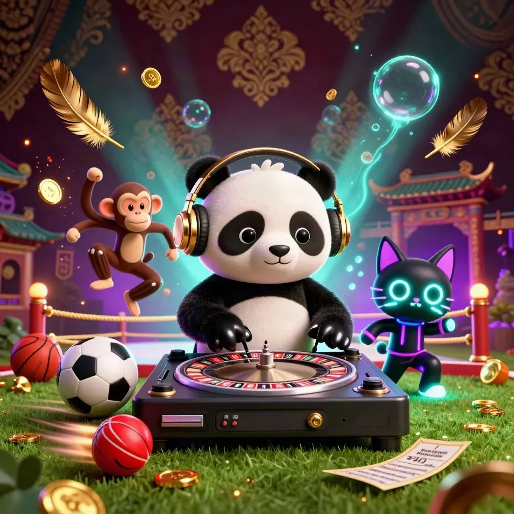 Cartoon panda, monkey, and kitten in a casino-cricket blast with gold coins and neon light.