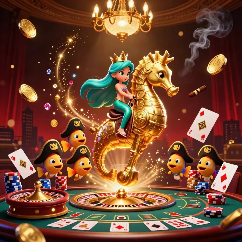 Turquoise mermaid princess on a golden seahorse amid casino coins, cards, chips, and glowing lights