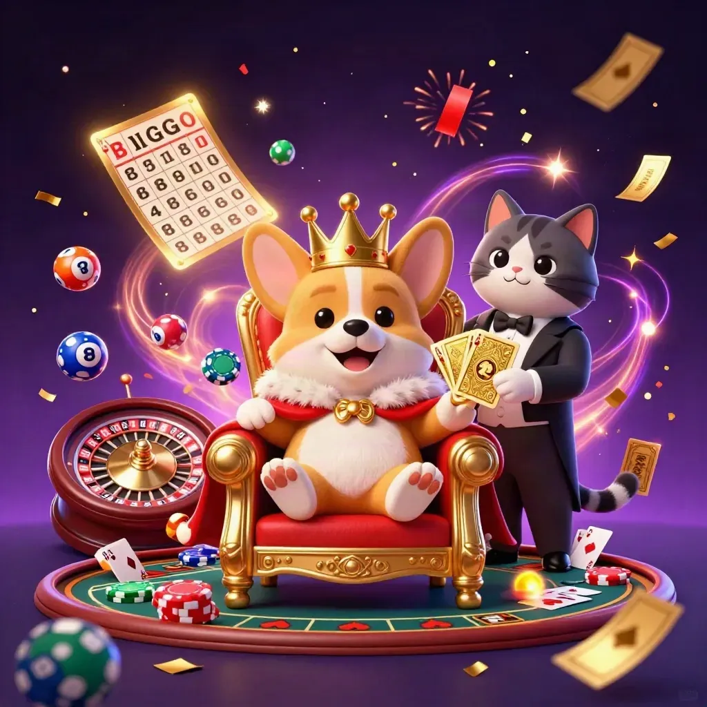 Royal corgi and cat butler amid casino magic, wheels, balls, confetti, and glowing starry purple backdrop.