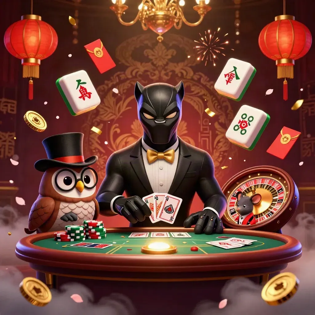 Panther dealer, owl gambler, and mouse in a luxe casino scene with lanterns, coins, and glowing cards
